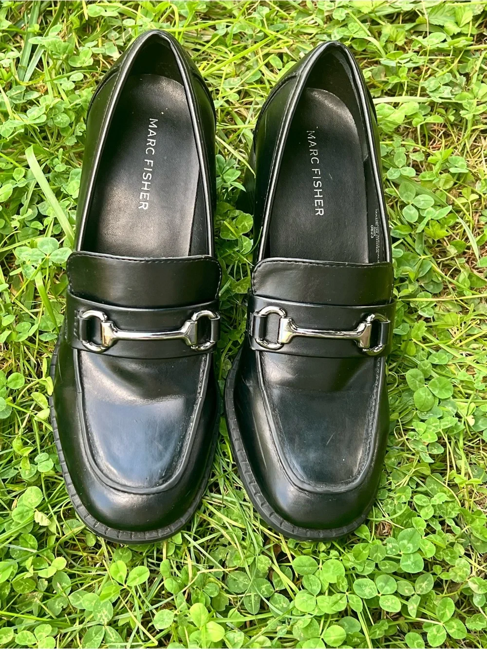 Marc Fisher Black Horsebit Heeled Chunky Block Loafers Preppy Casual Career 7M